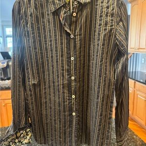 7 For All Mankind Women's Black and Gold Striped Button Down Shirt